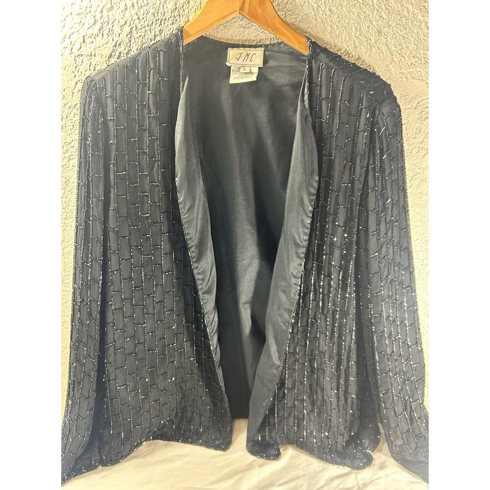 VTG JMC Women Silk Beaded Cardigan Size L Black Embellished